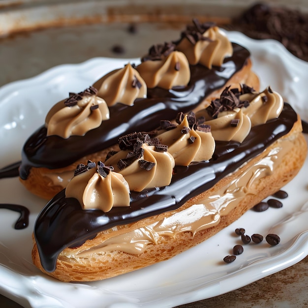 Photo a pastry with chocolate drizzled on it and a chocolate drizzled on the top