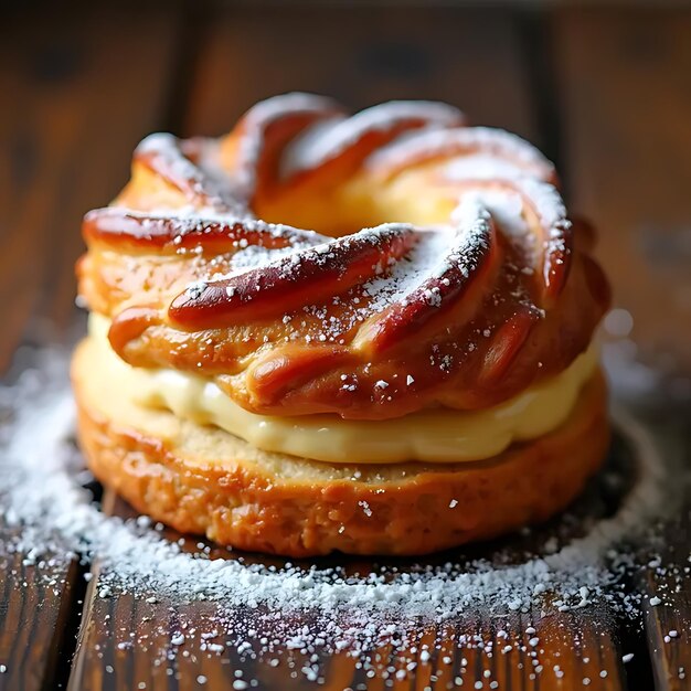 Photo a pastry with powdered sugar and a piece of cake on a table