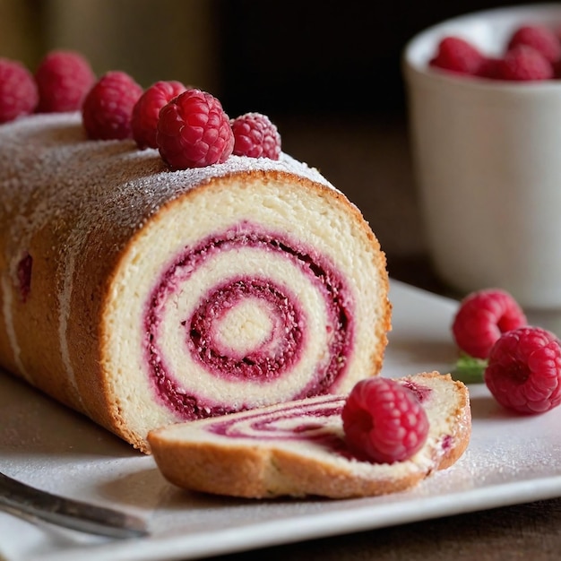 Photo pastry with raspberries on it sits on a plate with a cup of coffee