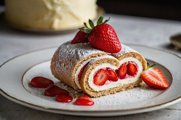 Photo a pastry with strawberries and a strawberry on the plate