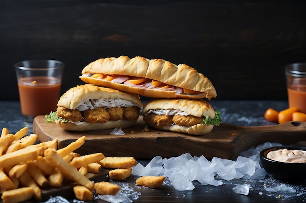 pasty sandwich and chicken nuggets on brown wooden cutting board fries on dark ice surface