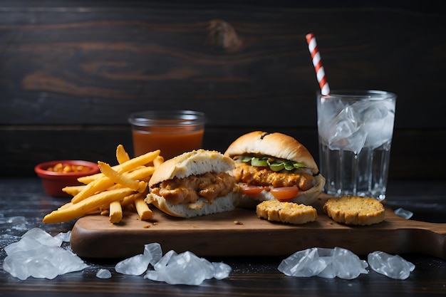 pasty sandwich and chicken nuggets on brown wooden cutting board fries on dark ice surface