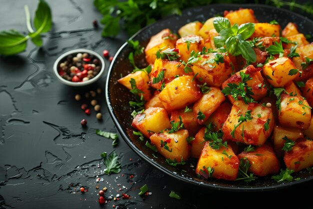 Patatas Bravas on a black background top view Spanish Cuisine Concept Food Photography Spanish Cuisine Top View Black Background Patatas Bravas