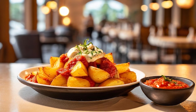 Patatas Bravas fried potatoes with spicy tomato sauce on table in restaurant Traditional Spanish