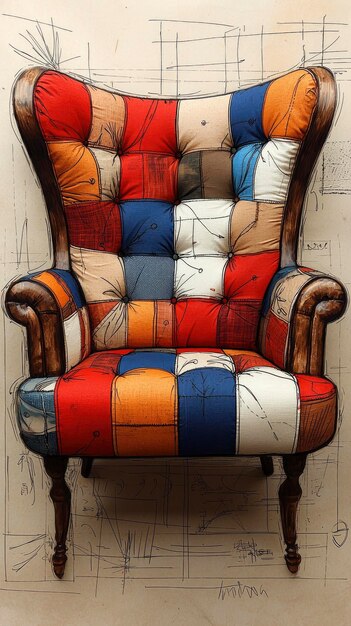 Photo patchwork wingback armchair with sketchy background