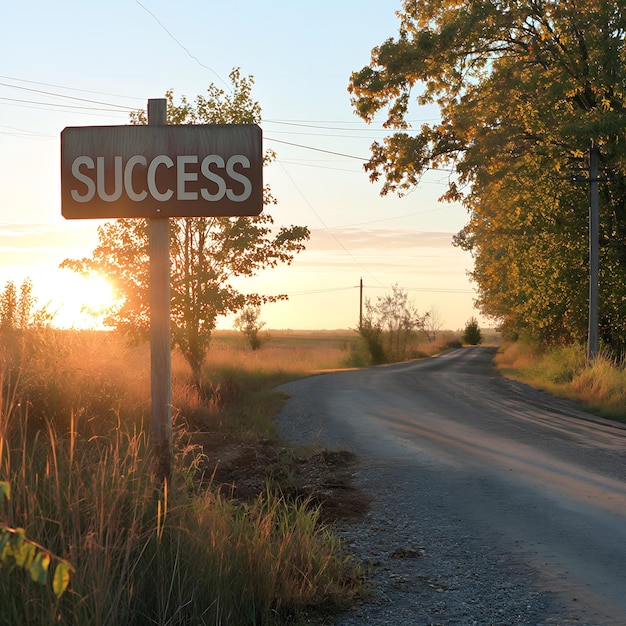 Path of Achievement Rural Road Sunset with SUCCESS Sign