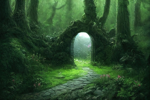 Path to alternative dimension in dense green misty enchanted forest portal to netherworld with growi