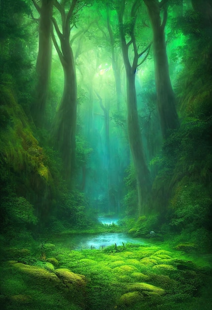 Path to another dimension In a dense green forest The leaves on the trees are green The whole earth is covered with green grass 3D illustration