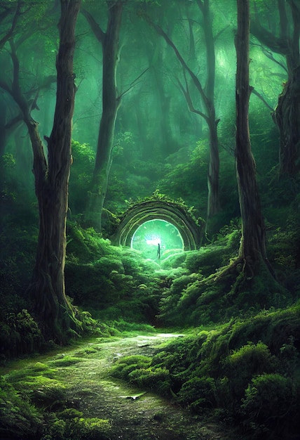 Path to another dimension In a dense green forest The leaves on the trees are green The whole earth is covered with green grass 3D illustration