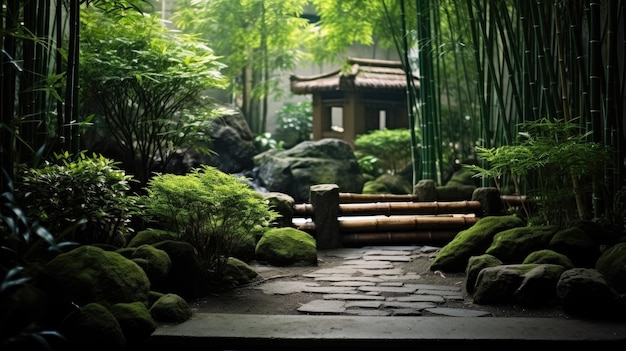 a path in the bamboo forest with a stone path.