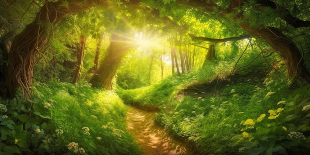 Path in beautiful summer forest lit by sun beams generative AI illustrationxA