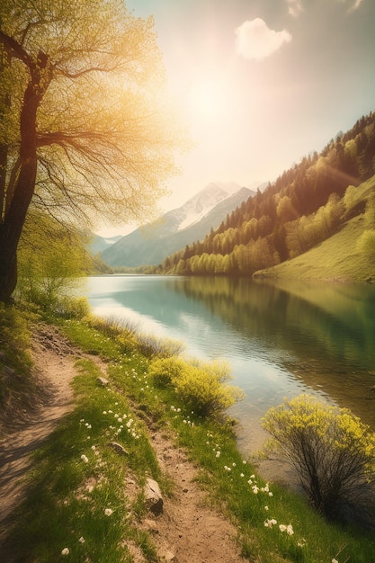 A path by the lake with mountains in the background