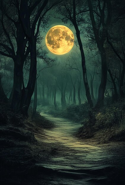 Photo a path in a dark forest with a full moon in the background