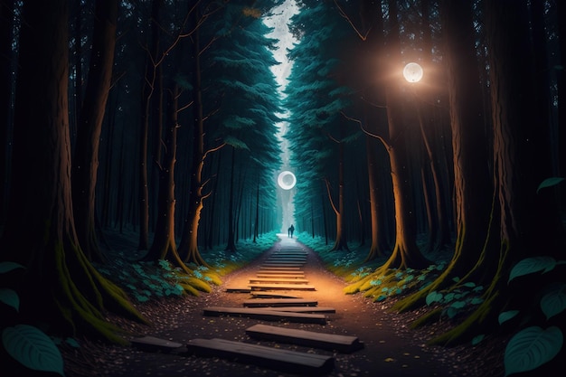 A path in a dark forest with a light on it and a person standing in the middle.