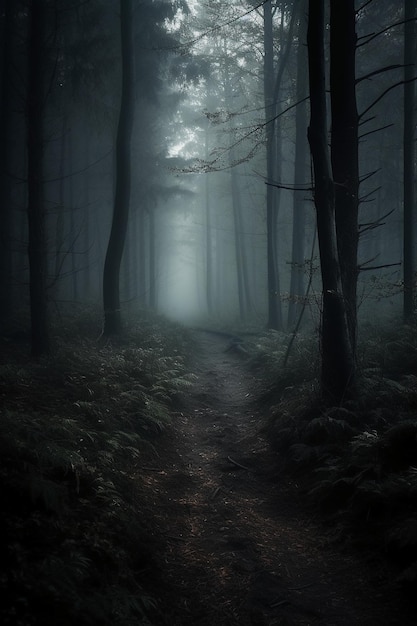 A path in a dark forest with a light on it