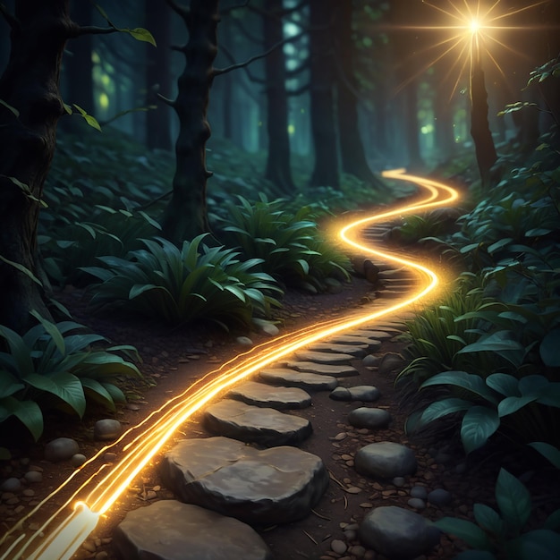 Photo a path in a dark forest with a light trails