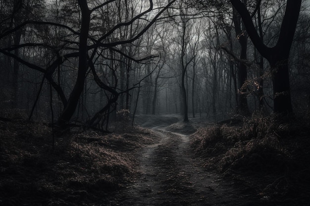 A path in a dark forest with the moon shining on it.