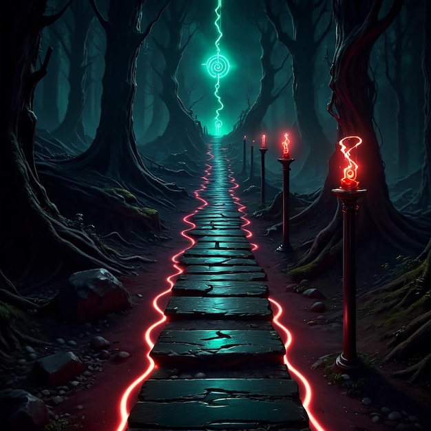 a path in a dark forest with a neon light on it