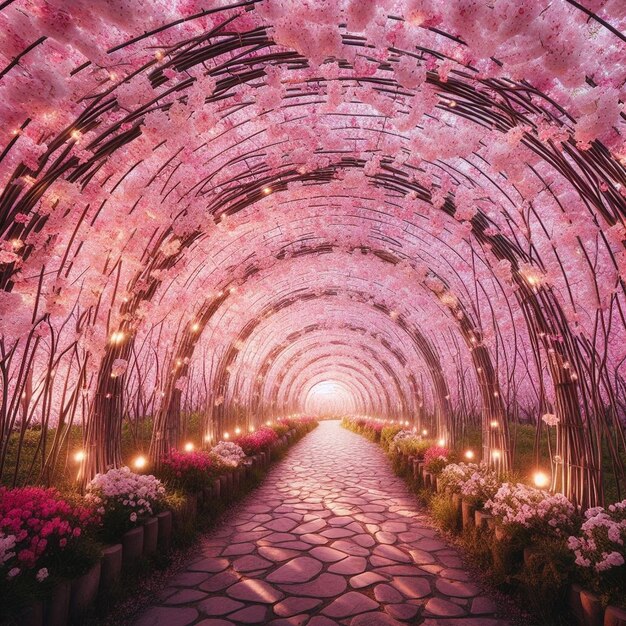 Photo path decorated with cherry blossom branches magical tunnel of pink and white