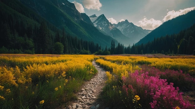 a path in a field of flowers with mountains in the background