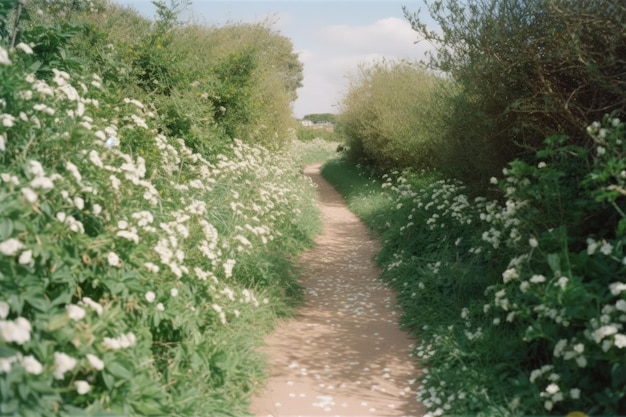 A path in a field of flowers