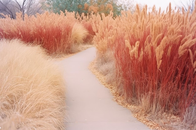 A path in a field of grass with a red plant in the foreground.