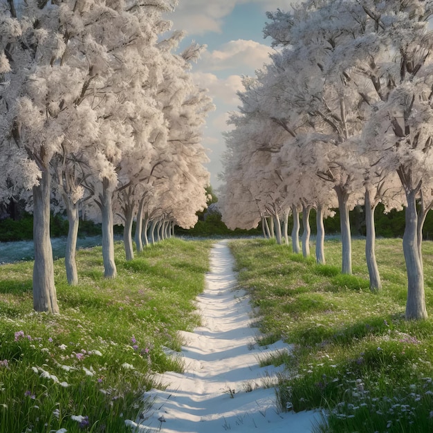 a path in a field of white flowers with snow on the ground