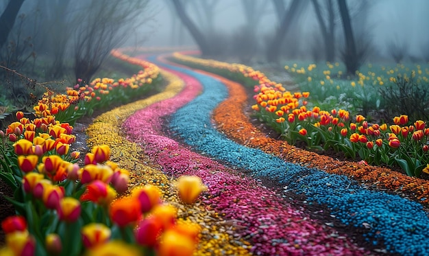 Photo a path of flowers with a rainbow in the middle