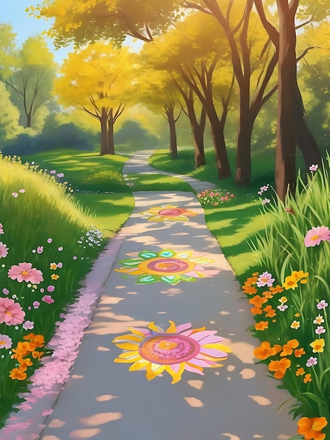 A path of flowers with the sun shining on it Generative AI