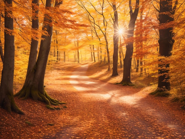 A path in a forest covered by leaves Autumn Scene