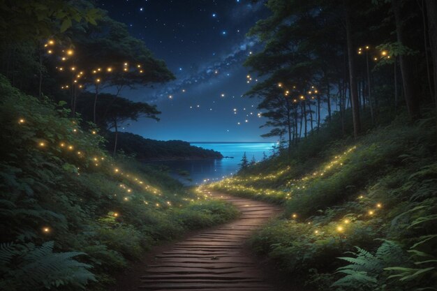 Photo a path between forest and sea with stars in the night sky forest path scenery wallpaper enchanted pathway through a forest jungle night wallpaper ai generative