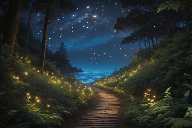 Photo a path between forest and sea with stars in the night sky forest path scenery wallpaper enchanted pathway through a forest jungle night wallpaper ai generative