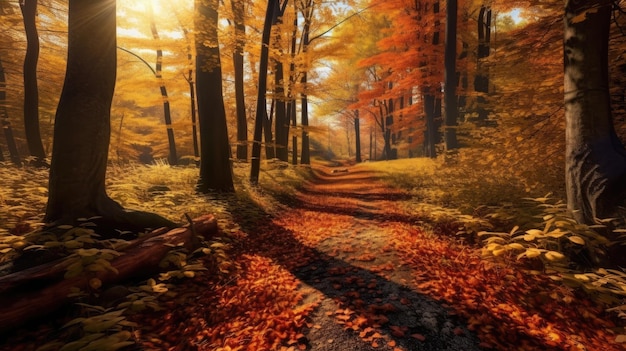 A path in a forest with autumn leaves