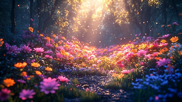 Photo a path in a forest with flowers and a sunset in the background