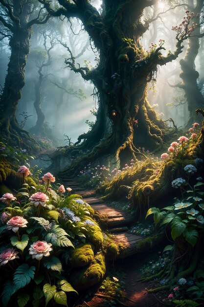 a path in a forest with flowers and a tree with pink flowers