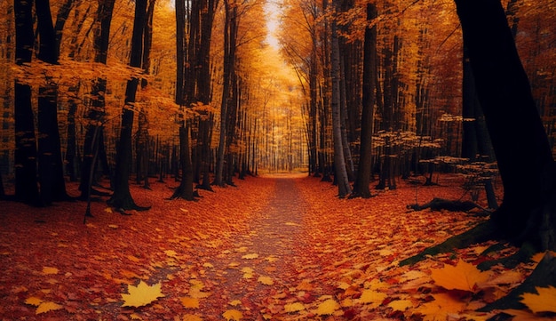 A path in a forest with leaves on it