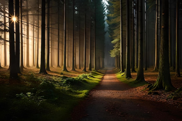 A path in a forest with a light on the ground