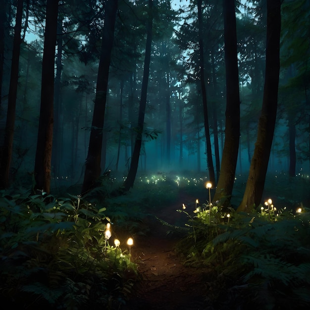 a path in a forest with lights in the woods