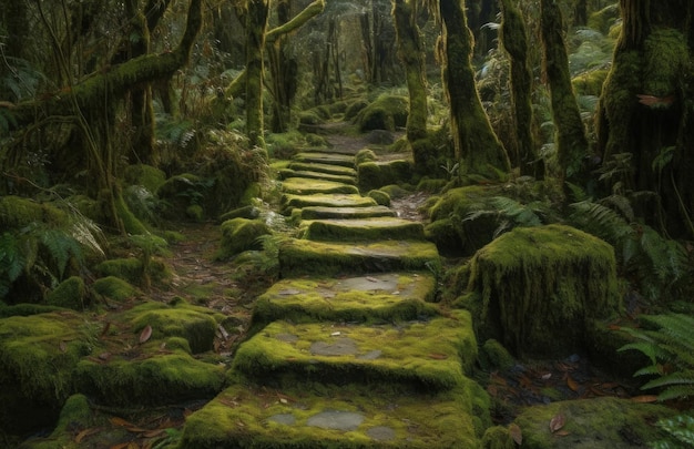 A path in a forest with moss on it