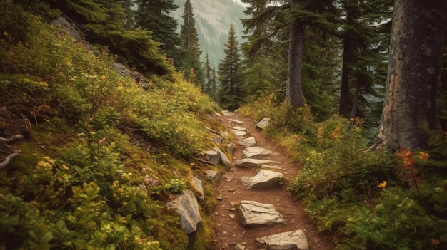 A path in the forest with a mountain in the background