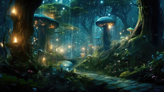 A path in a forest with mushrooms and lights