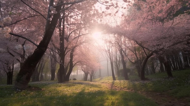 A path in a forest with pink cherry blossoms