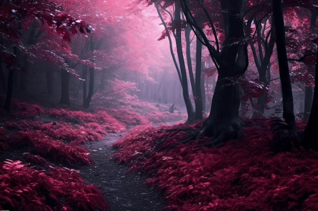 A path in a forest with red leaves and a tree in the background