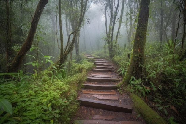 A path in the forest with steps leading to the top.