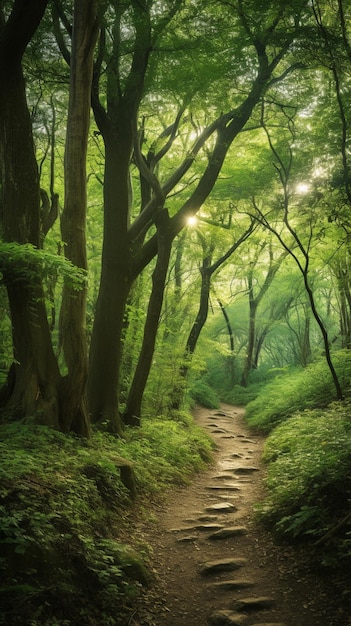 A path in a forest with the sun shining on it.