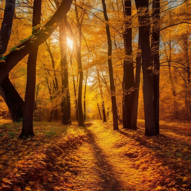 A path in a forest with the sun shining through the leaves