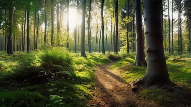 A path in a forest with the sun shining through the trees.