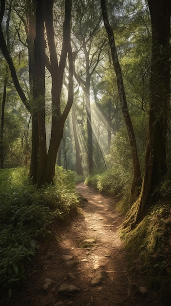 A path in the forest with the sun shining through the trees.