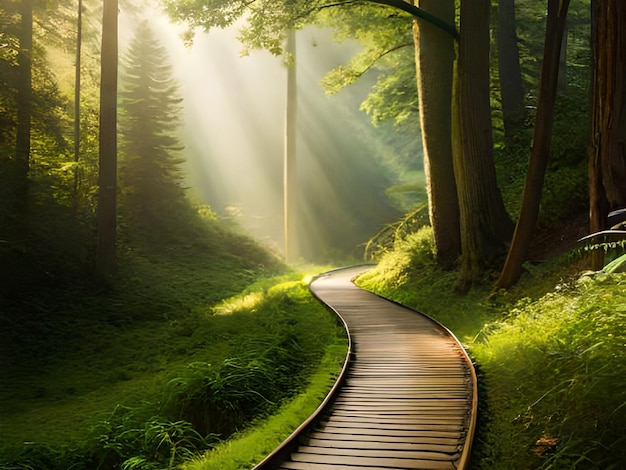 A path in a forest with the sun shining through the trees