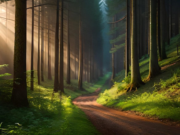 A path in a forest with the sun shining through the trees